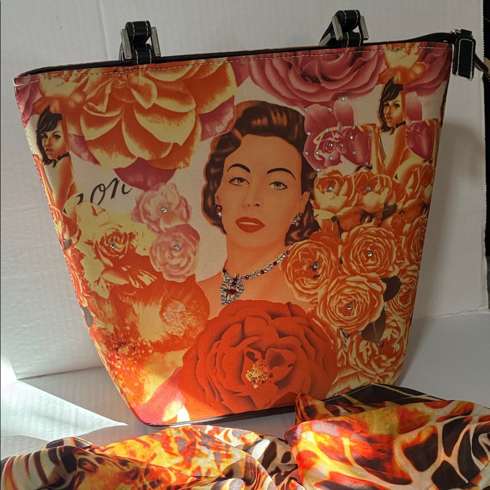 Elcante Floral Print Women's Bag, with rhinestone accents, and free scarf.